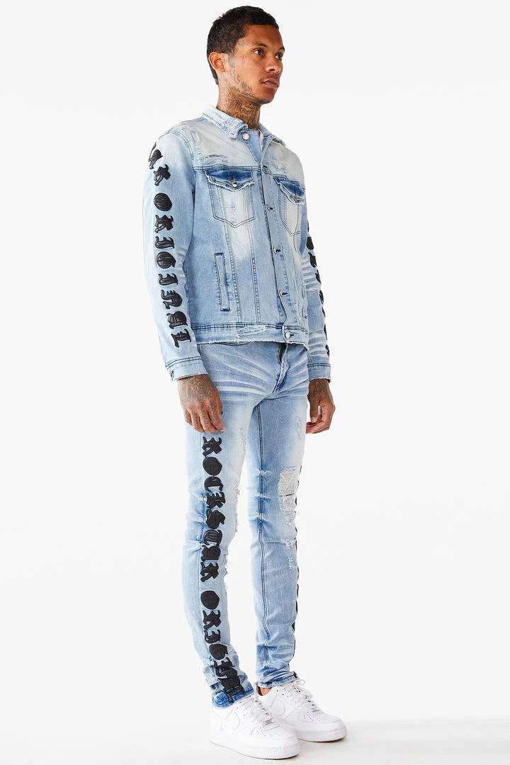 Budget 🥰 MENS DENIM JACKETS JONES EMBROIDERED JACKET- BLUE 😉 4 MENS DENIM JACKETS JONES EMBROIDERED JACKET- BLUE