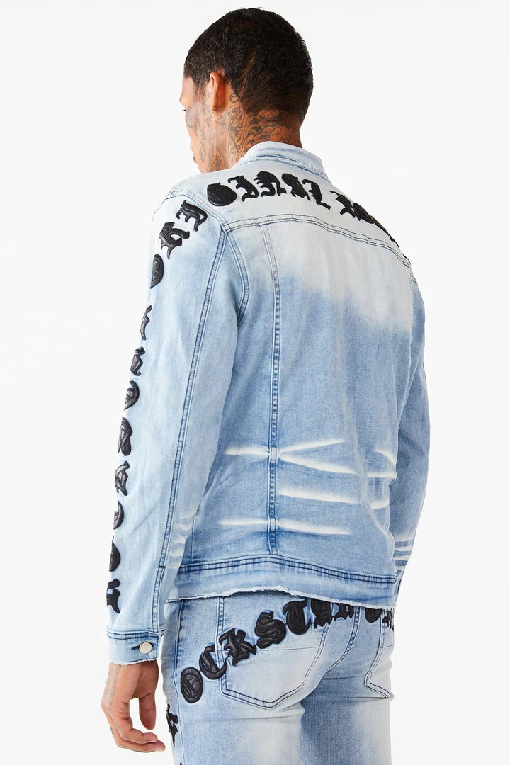 Budget 🥰 MENS DENIM JACKETS JONES EMBROIDERED JACKET- BLUE 😉 7 MENS DENIM JACKETS JONES EMBROIDERED JACKET- BLUE