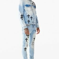 MENS JEANS Stark Blue Leather Cross Patch Jean