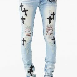 MENS JEANS Stark Blue Leather Cross Patch Jean