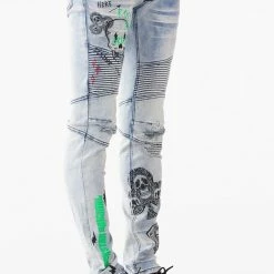 MENS JEANS SNOH PRINTED BIKER JEAN- GREEN Denim