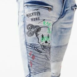 MENS JEANS SNOH PRINTED BIKER JEAN- GREEN Denim