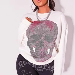 WOMENS HOODIES & SWEATSHIRTS Best Seller SKULL CREWNECK SWEATSHIRT-WHITE