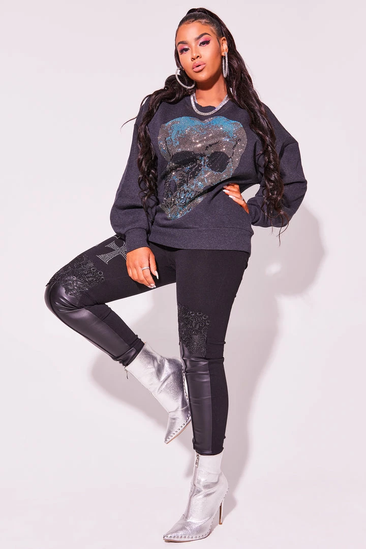 Cheapest 👏 WOMENS HOODIES & SWEATSHIRTS SKULL CREWNECK SWEATSHIRT-CHARCOAL ⭐ 4 WOMENS HOODIES & SWEATSHIRTS SKULL CREWNECK SWEATSHIRT-CHARCOAL