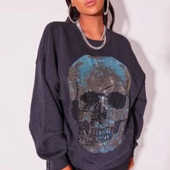 Cheapest 👏 WOMENS HOODIES & SWEATSHIRTS SKULL CREWNECK SWEATSHIRT-CHARCOAL ⭐ 11 WOMENS HOODIES & SWEATSHIRTS SKULL CREWNECK SWEATSHIRT-CHARCOAL