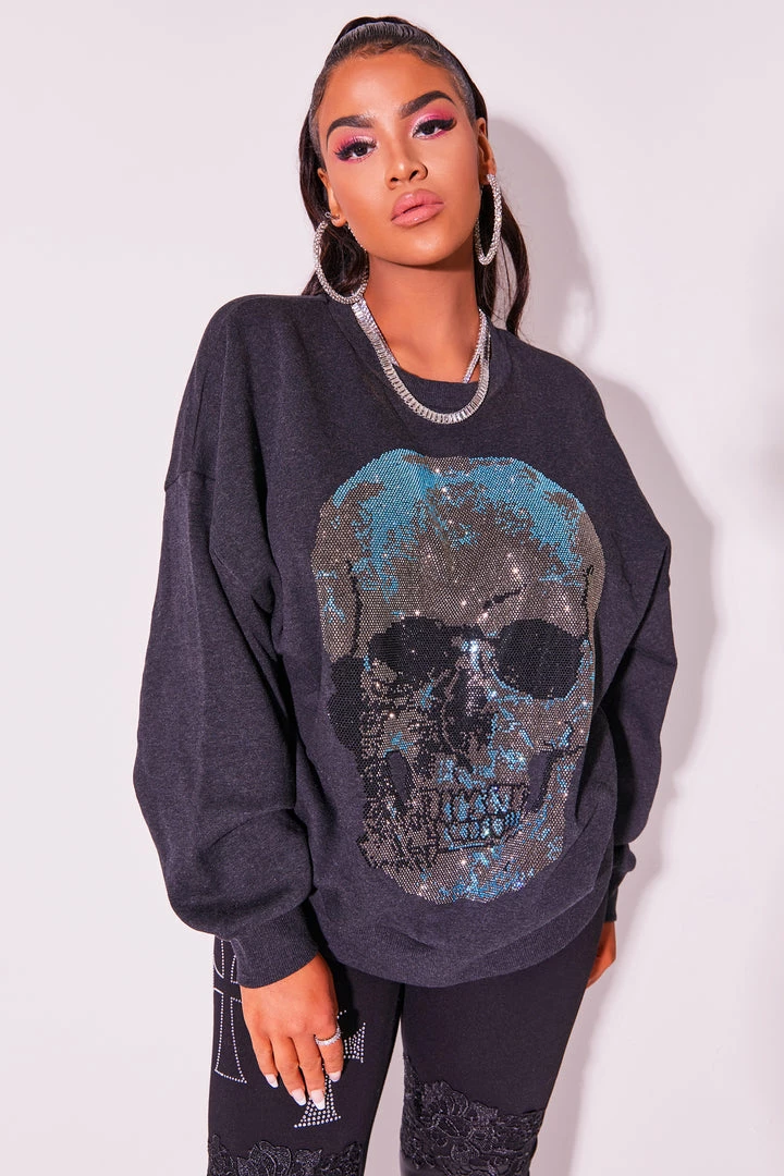 Cheapest 👏 WOMENS HOODIES & SWEATSHIRTS SKULL CREWNECK SWEATSHIRT-CHARCOAL ⭐ 5 WOMENS HOODIES & SWEATSHIRTS SKULL CREWNECK SWEATSHIRT-CHARCOAL
