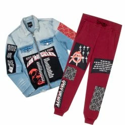 MENS TRACK SETS MINO DENIM JACKET/TRACKPANT SET-BURGUNDY
