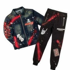 MENS TRACK SETS CARMELO DENIM JACKET/TRACKPANT SET-BLACK/RED