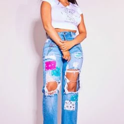 WOMENS JEANS Best Seller KENZO DISTRESSED WIDE LEG JEAN-LIGHT WASH