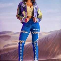 WOMENS JACKETS MOIRA DENIM JACKET-PURPLE/YELLOW