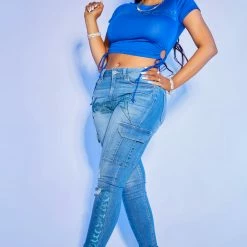 WOMENS TEES SLOANE RUCHED SIDE CROP TEE-ROYAL BLUE