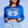 WOMENS TEES Best Seller BLESSED LONG SLEEVE CROP TEE-ROYAL BLUE