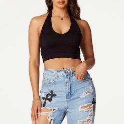 WOMENS TOPS Best Seller IZZIE RIBBED HALTER NECK TANK-BLACK