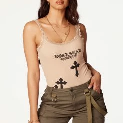 WOMENS TOPS Best Seller Lillie Beige Lace Trim Bodysuit