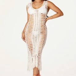 WOMENS DRESSES Everlee White Crochet Knit Midi Dress Best Seller