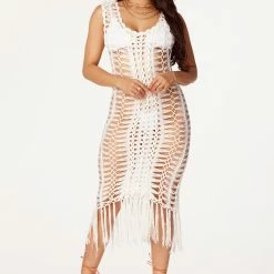 WOMENS DRESSES Everlee White Crochet Knit Midi Dress Best Seller