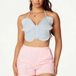 WOMENS TOPS BUTTERFLY DENIM HALTER NECK TANK-LIGHT WASH