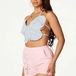 WOMENS TOPS BUTTERFLY DENIM HALTER NECK TANK-LIGHT WASH