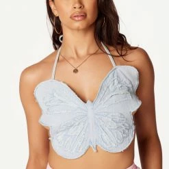 WOMENS TOPS BUTTERFLY DENIM HALTER NECK TANK-LIGHT WASH