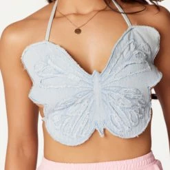 WOMENS TOPS BUTTERFLY DENIM HALTER NECK TANK-LIGHT WASH