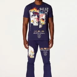 MENS TRACK SETS CHASE T-SHIRT STACKED FLARE TRACKSET-NAVY