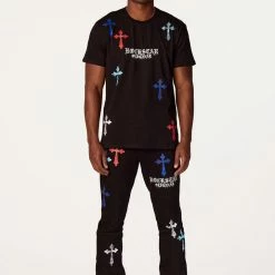 MENS TRACK SETS BERLIN T-SHIRT STACKED FLARE TRACKSET-BLACK