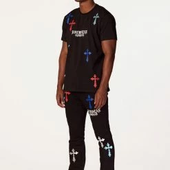 MENS TRACK SETS BERLIN T-SHIRT STACKED FLARE TRACKSET-BLACK