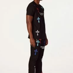 MENS TRACK SETS BERLIN T-SHIRT STACKED FLARE TRACKSET-BLACK