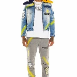MENS TRACK SETS CARMELO DENIM JACKET/TRACKPANT SET-NAVY/YELLOW