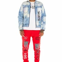 MENS TRACK SETS TOBI DENIM JACKET/TRACKPANT SET-RED