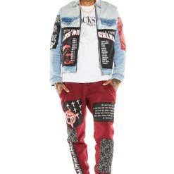 MENS TRACK SETS MINO DENIM JACKET/TRACKPANT SET-BURGUNDY