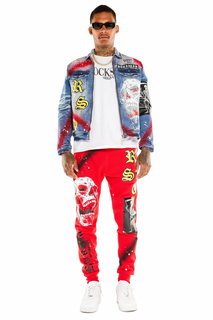Flash Sale 🔥 MENS TRACK SETS NOMAR DENIM JACKET/TRACKPANT SET-RED 👏 1 MENS TRACK SETS NOMAR DENIM JACKET/TRACKPANT SET-RED