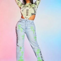 WOMENS JEANS KAZ DISTRESSED WIDE LEG JEAN-LIGHT WASH