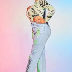 WOMENS JEANS KAZ DISTRESSED WIDE LEG JEAN-LIGHT WASH