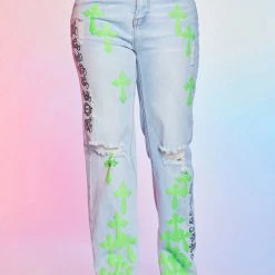 WOMENS JEANS KAZ DISTRESSED WIDE LEG JEAN-LIGHT WASH