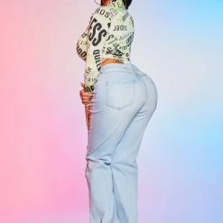 WOMENS JEANS KAZ DISTRESSED WIDE LEG JEAN-LIGHT WASH