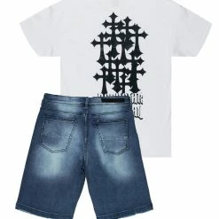 MENS SHORT SETS SAGER T-SHIRT/DENIM SHORT SET-WHITE
