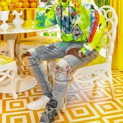 MENS JEANS SNOH PRINTED BIKER JEAN- GREEN Denim