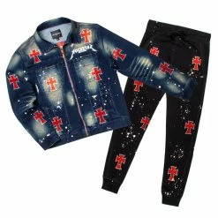 MENS TRACK SETS STERN DENIM JACKET/TRACKPANT SET-BLACK