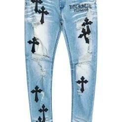 MENS JEANS Stark Blue Leather Cross Patch Jean