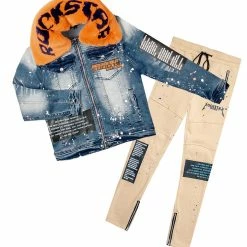 MENS TRACK SETS EVERETT DENIM JACKET/TRACKPANT SET-ORANGE