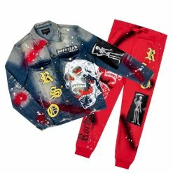 MENS TRACK SETS ROMAN DENIM JACKET/TRACKPANT SET-RED