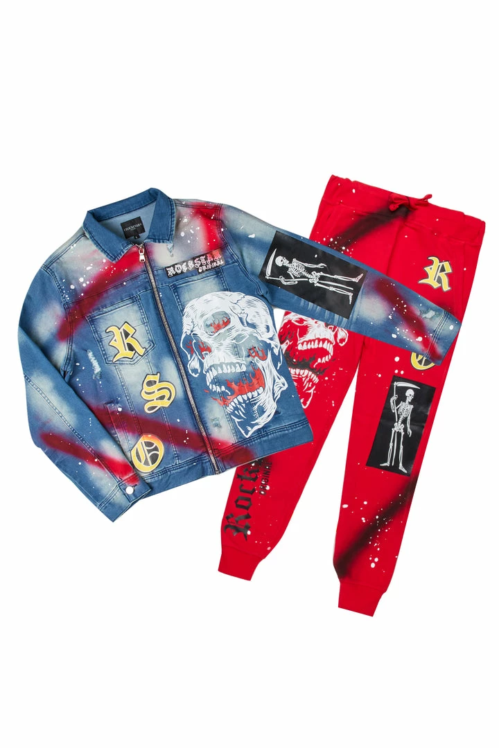 Flash Sale 🔥 MENS TRACK SETS NOMAR DENIM JACKET/TRACKPANT SET-RED 👏 4 MENS TRACK SETS NOMAR DENIM JACKET/TRACKPANT SET-RED