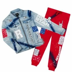 MENS TRACK SETS KRON DENIM JACKET/TRACKPANT SET-RED