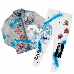 MENS TRACK SETS ROMAN DENIM JACKET/TRACKPANT SET-WHITE