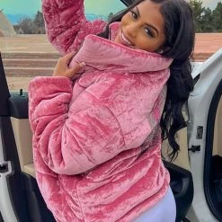 WOMENS OUTERWEAR SKULL VELVET PUFFER JACKET-PINK Best Seller